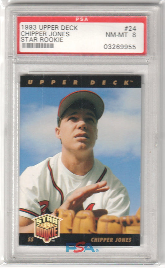 CHIPPER JONES 1993 Upper Deck RC Rookie #24 PSA 8 NM - MT - BRAVES - Columbia Hobby - Sports Card Boxes - Toploaders - Card Savers