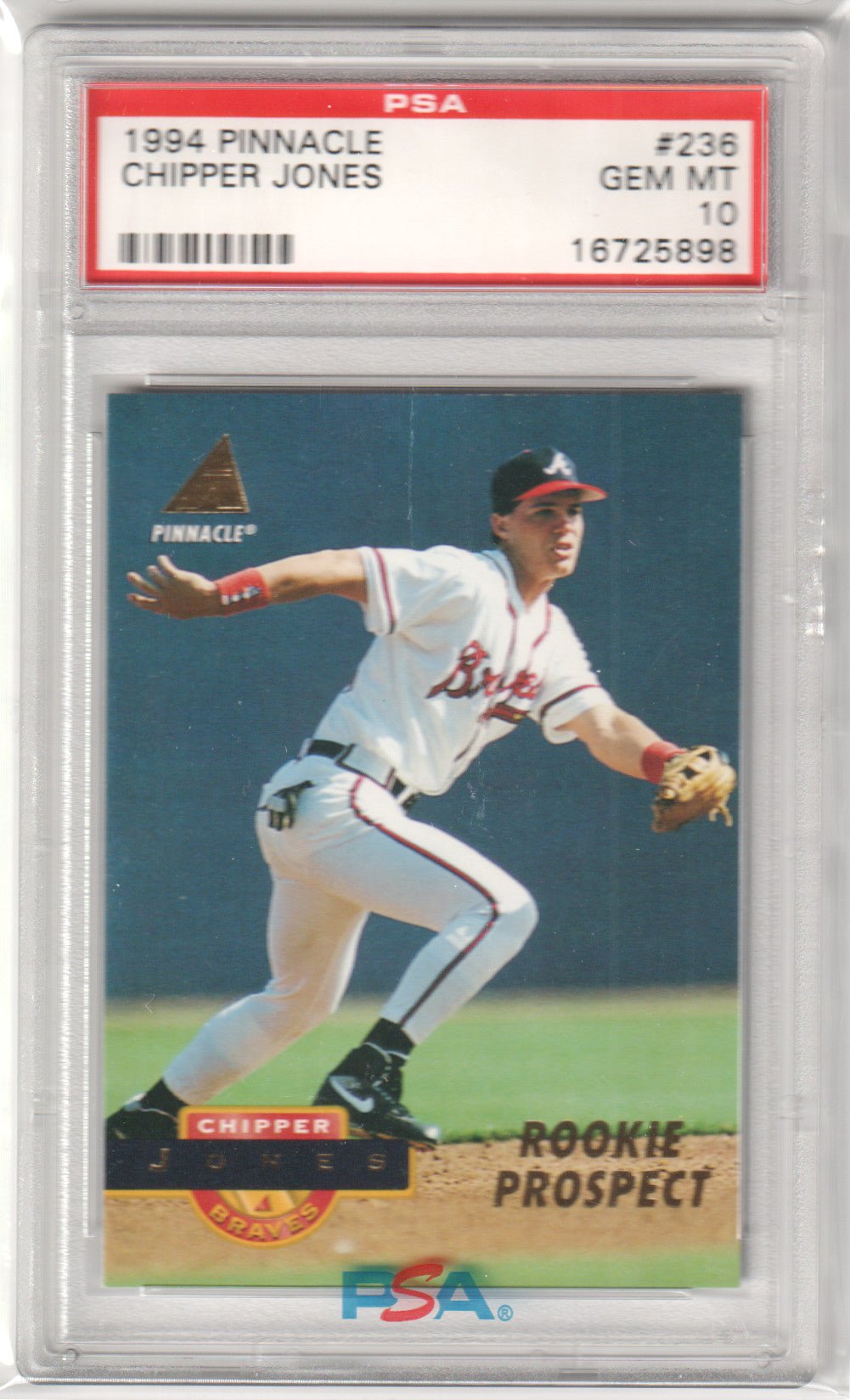 CHIPPER JONES 1994 Pinnacle RC Rookie #236 PSA 10 GEM MINT - BRAVES Pop 7 - Columbia Hobby - Sports Card Boxes - Toploaders - Card Savers