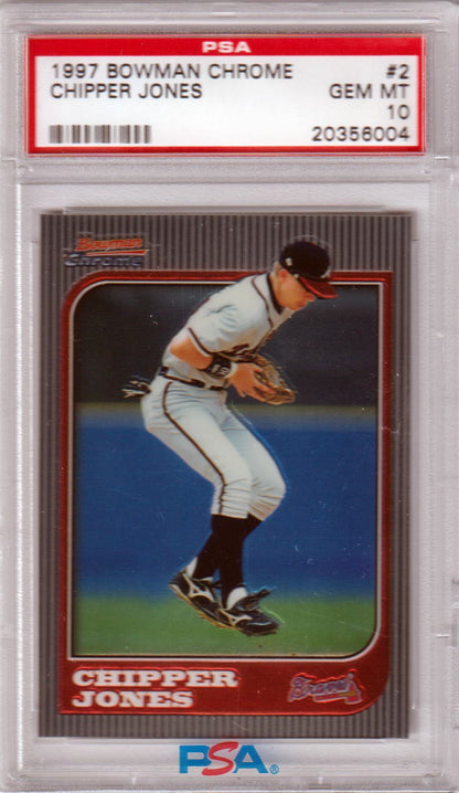 CHIPPER JONES 1997 Bowman Chrome #2 PSA 10 GEM MINT - BRAVES Pop 9 - Columbia Hobby - Sports Card Boxes - Toploaders - Card Savers