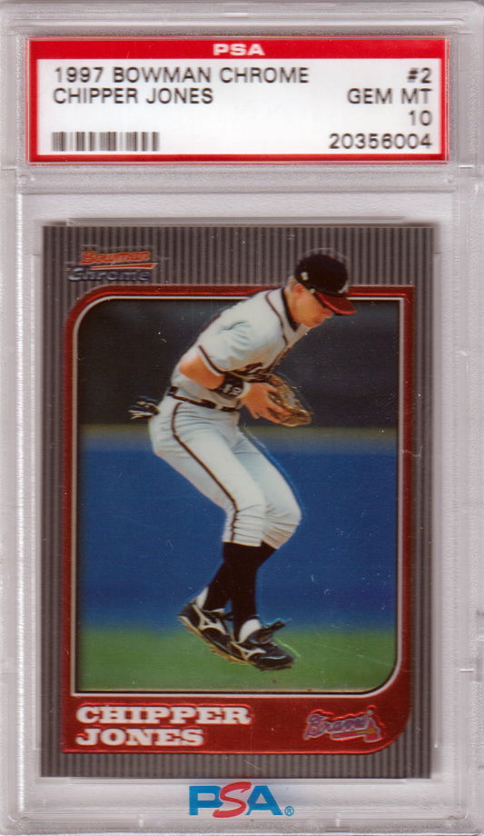 CHIPPER JONES 1997 Bowman Chrome #2 PSA 10 GEM MINT - BRAVES Pop 9 - Columbia Hobby - Sports Card Boxes - Toploaders - Card Savers
