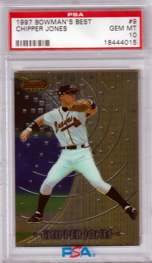 CHIPPER JONES 1997 Bowman's Best #9 PSA 10 GEM MINT - BRAVES Pop 14 - Columbia Hobby - Sports Card Boxes - Toploaders - Card Savers