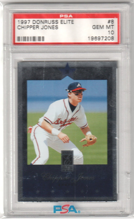 CHIPPER JONES 1997 Donruss Elite #8 PSA 10 GEM MINT - BRAVES Pop 10 - Columbia Hobby - Sports Card Boxes - Toploaders - Card Savers