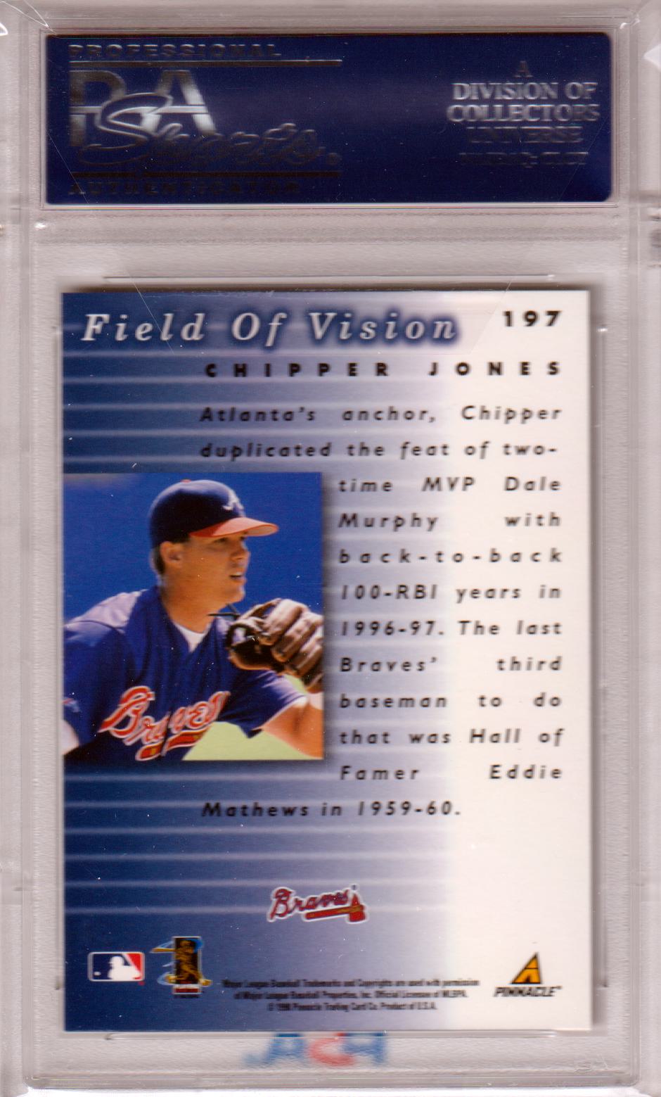 CHIPPER JONES 1998 Pinnacle Plus #197 PSA 10 GEM MINT - BRAVES POP 8 - Columbia Hobby - Sports Card Boxes - Toploaders - Card Savers
