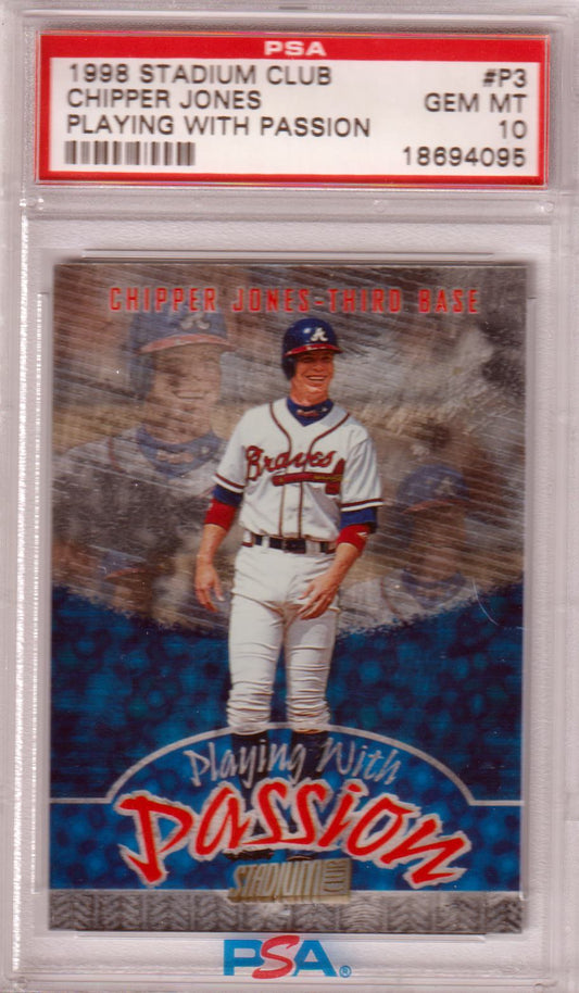 CHIPPER JONES 1998 Stadium Club Playing With Passion #P3 PSA 10 GEM MINT Pop 10 - Columbia Hobby - Sports Card Boxes - Toploaders - Card Savers
