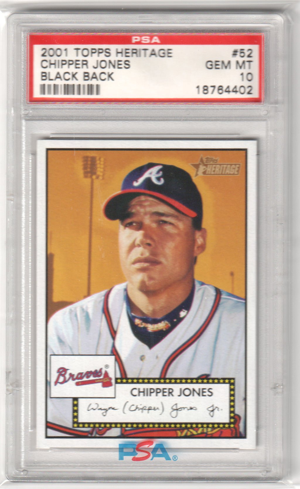 CHIPPER JONES 2001 Topps Heritage #52 Black Back PSA 10 GEM MINT - BRAVES Pop 7 - Columbia Hobby - Sports Card Boxes - Toploaders - Card Savers