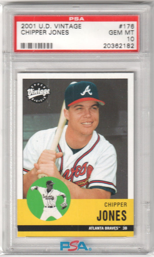 CHIPPER JONES 2001 Upper Deck Vintage #176 PSA 10 GEM MINT - BRAVES Pop 18 - Columbia Hobby - Sports Card Boxes - Toploaders - Card Savers