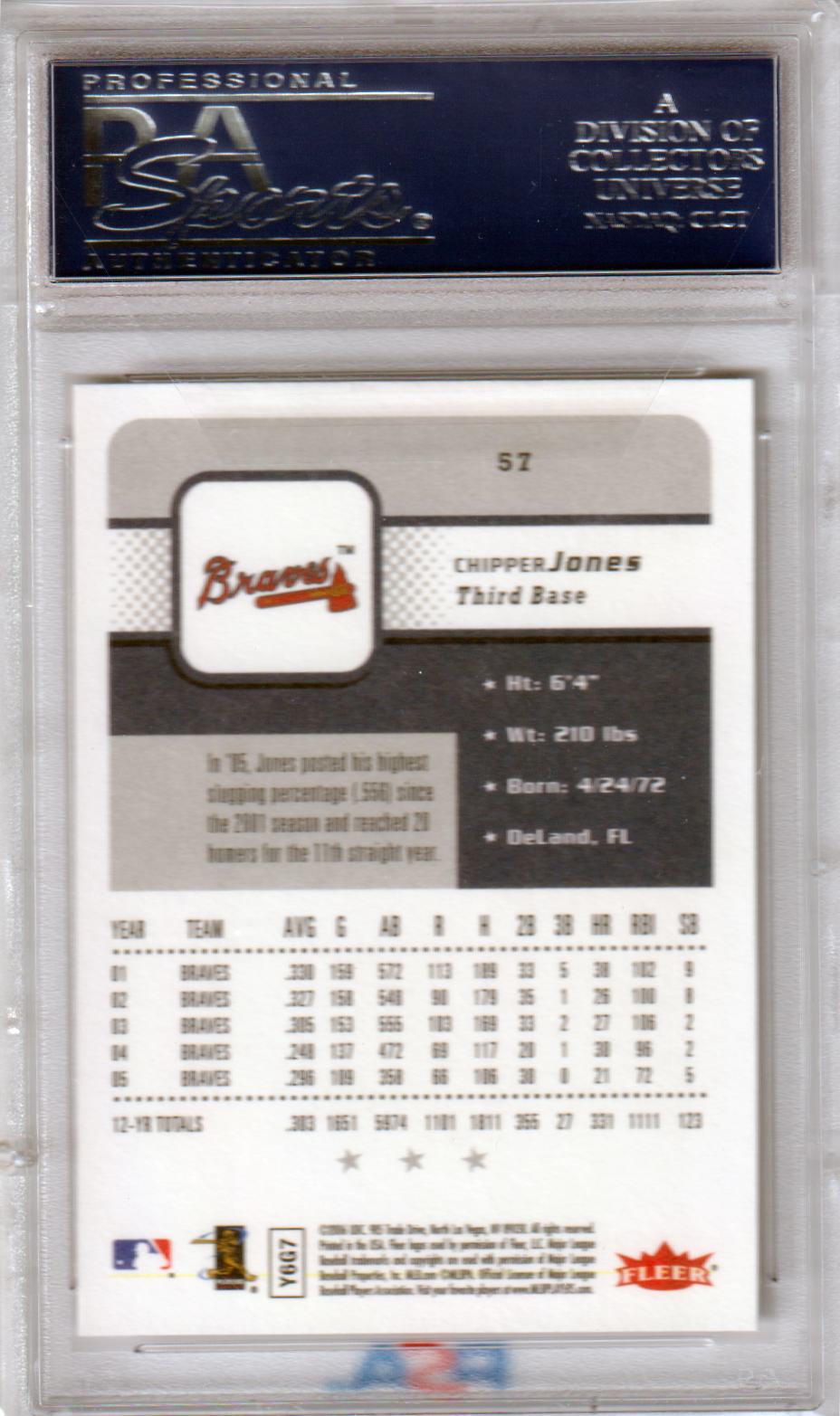 CHIPPER JONES 2006 Fleer #57 PSA 10 GEM MINT - BRAVES Pop 11 - Columbia Hobby - Sports Card Boxes - Toploaders - Card Savers