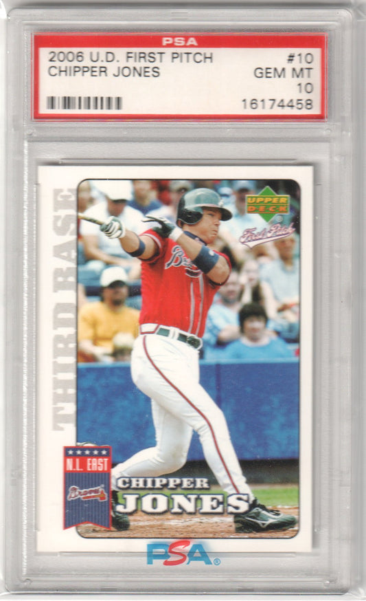 CHIPPER JONES 2006 Upper Deck First Pitch #10 PSA 10 GEM MINT - BRAVES Pop 4 - Columbia Hobby - Sports Card Boxes - Toploaders - Card Savers