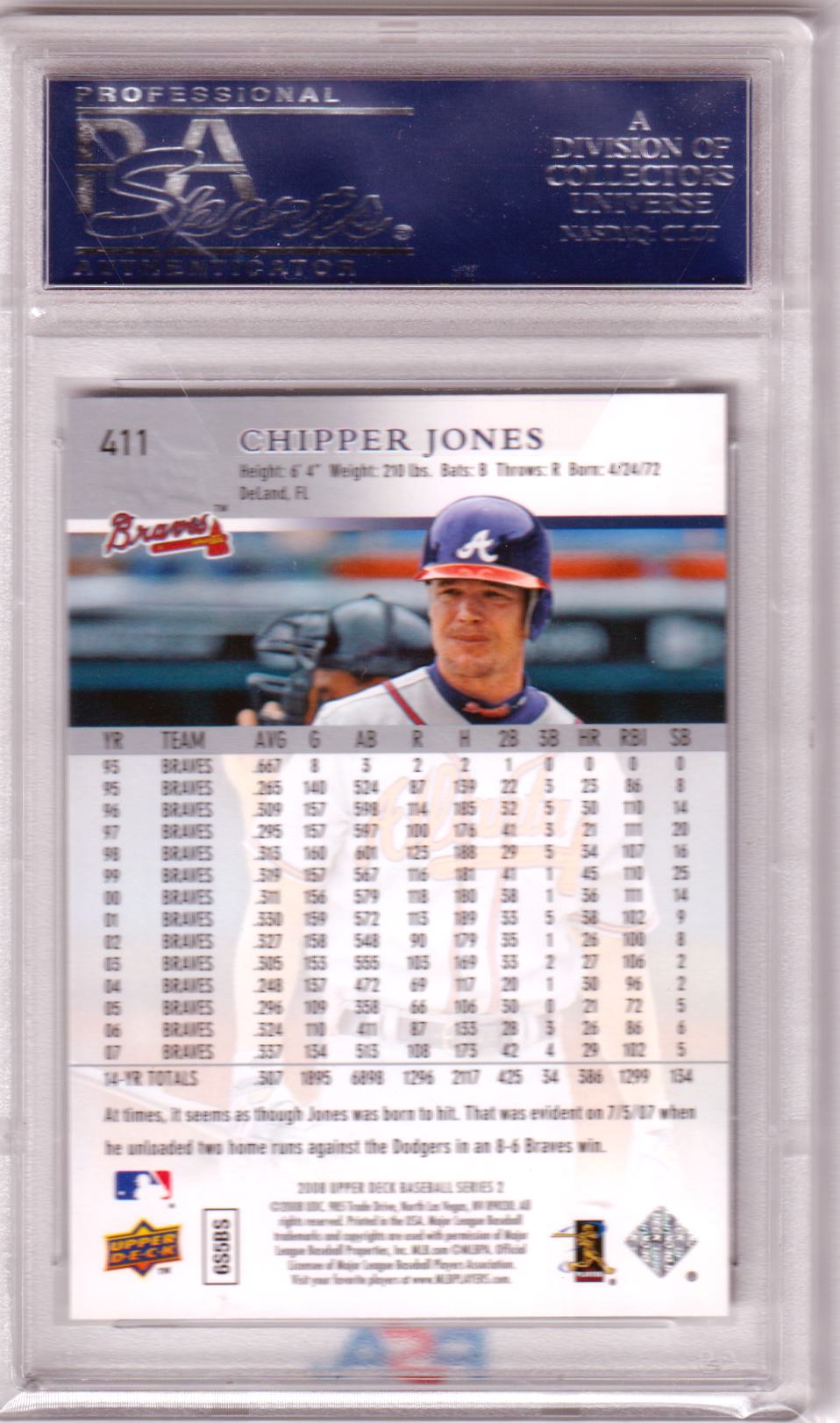 CHIPPER JONES 2008 Upper Deck #411 PSA 10 GEM MINT - BRAVES Pop 11 - Columbia Hobby - Sports Card Boxes - Toploaders - Card Savers