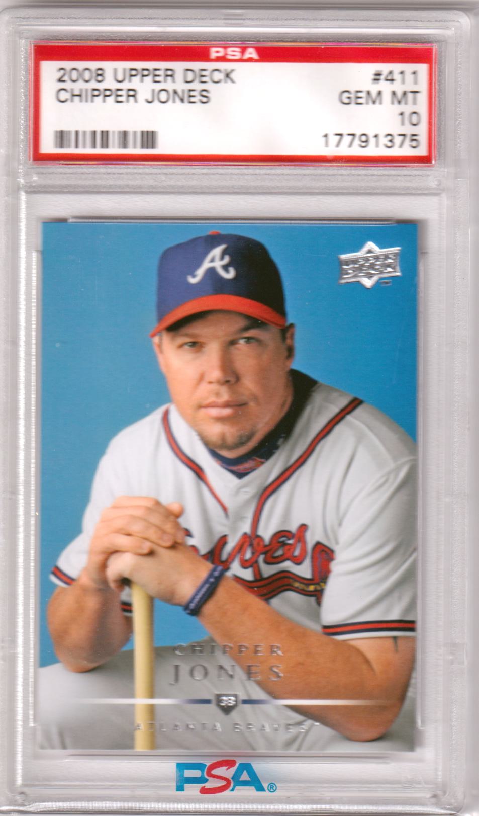 CHIPPER JONES 2008 Upper Deck #411 PSA 10 GEM MINT - BRAVES Pop 11 - Columbia Hobby - Sports Card Boxes - Toploaders - Card Savers