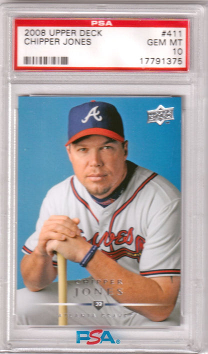 CHIPPER JONES 2008 Upper Deck #411 PSA 10 GEM MINT - BRAVES Pop 11 - Columbia Hobby - Sports Card Boxes - Toploaders - Card Savers