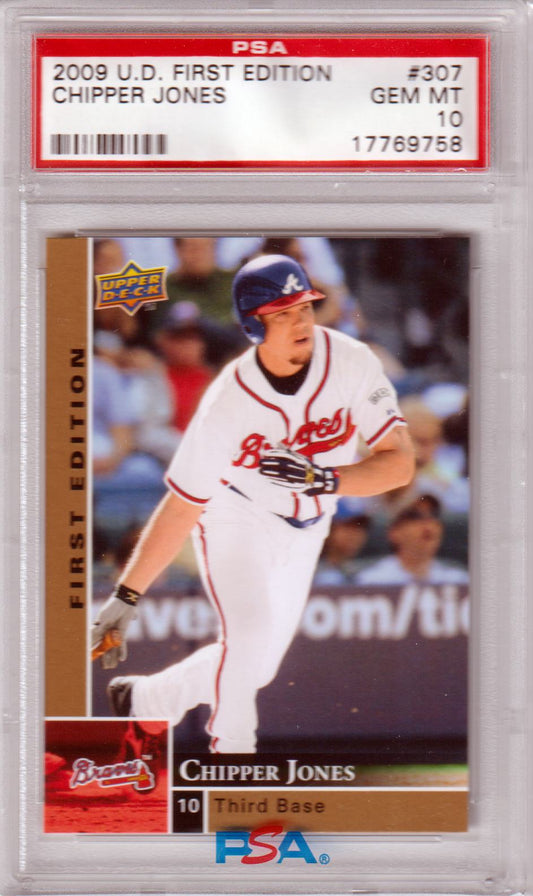 CHIPPER JONES 2009 Upper Deck First Edition #307 PSA 10 GEM MINT BRAVES POP 5 - Columbia Hobby - Sports Card Boxes - Toploaders - Card Savers
