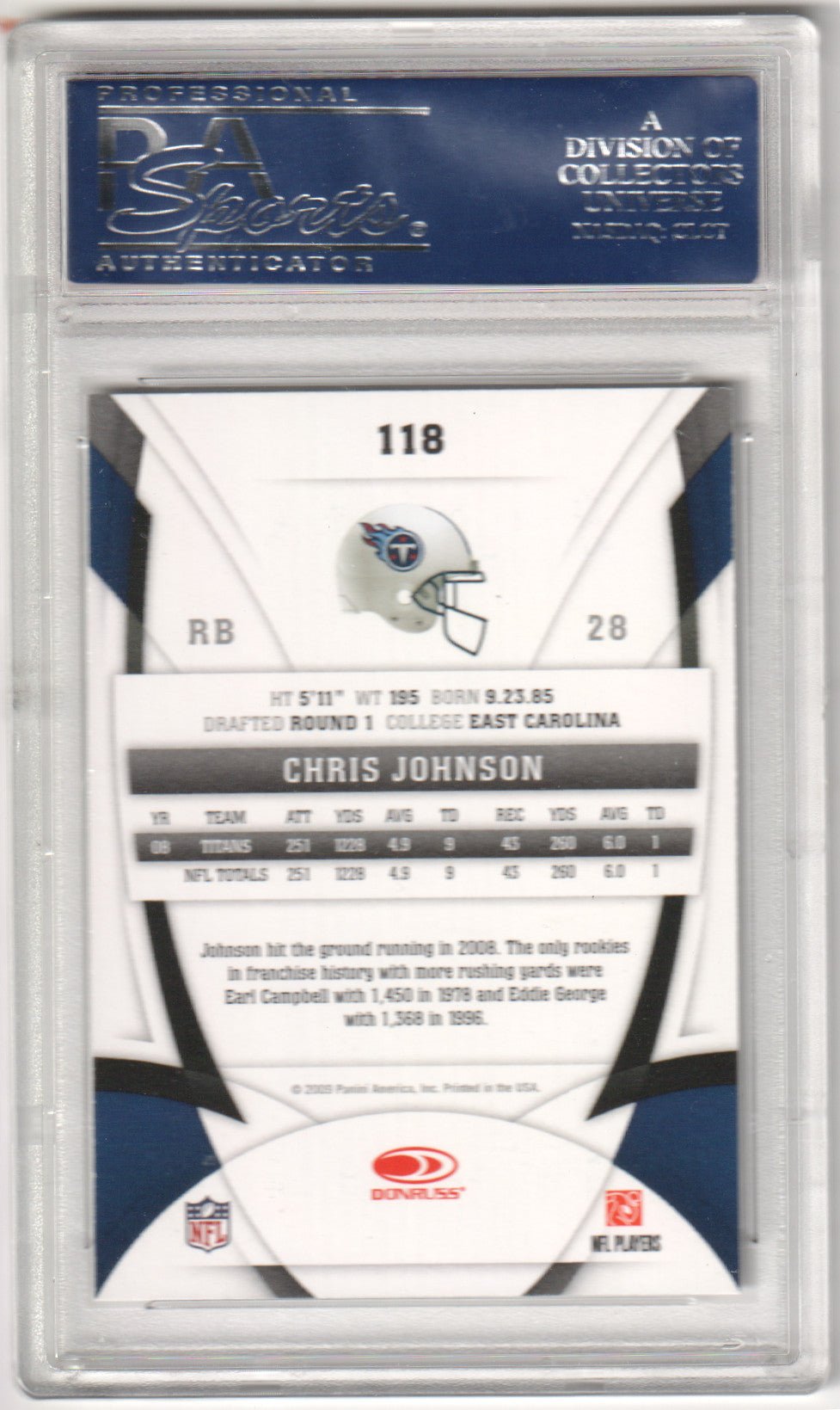 CHRIS JOHNSON 2009 Donruss Certified 118 PSA 10 GEM MINT - TITANS Pop 2 - Columbia Hobby - Sports Card Boxes - Toploaders - Card Savers