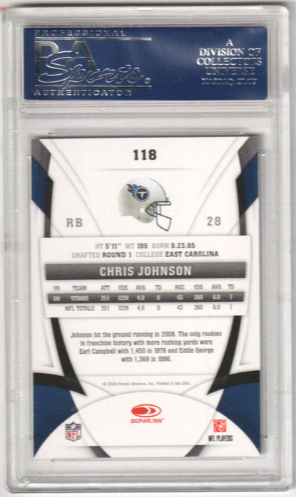 CHRIS JOHNSON 2009 Donruss Certified 118 PSA 10 GEM MINT - TITANS Pop 2 - Columbia Hobby - Sports Card Boxes - Toploaders - Card Savers