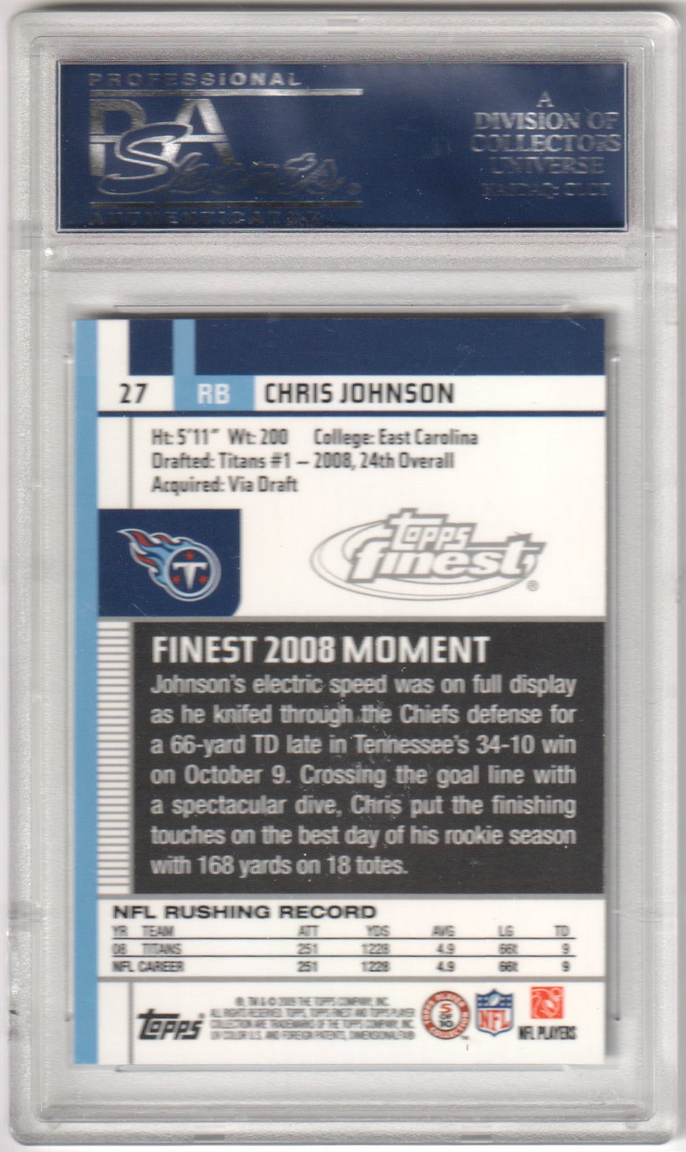 CHRIS JOHNSON 2009 Topps Finest 27 PSA 10 GEM MINT - TITANS Pop 1 - Columbia Hobby - Sports Card Boxes - Toploaders - Card Savers