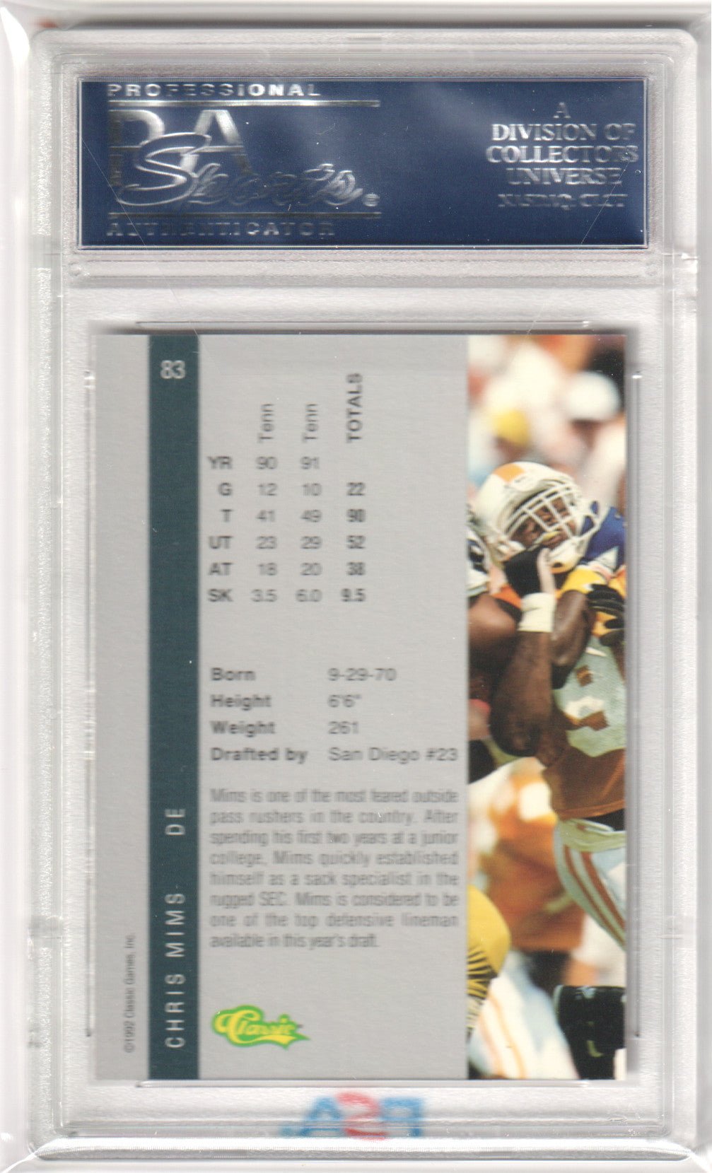 CHRIS MIMS 1992 Classic 4 Sport 83 Gold PSA 10 GEM MINT - TENNESSEE Pop 1 - Columbia Hobby - Sports Card Boxes - Toploaders - Card Savers