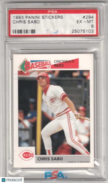 CHRIS SABO 1993 Panini Stickers #294 PSA 6 E - MT - REDS - Columbia Hobby - Sports Card Boxes - Toploaders - Card Savers