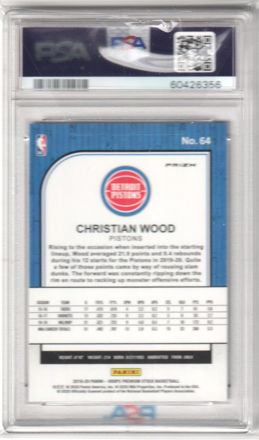 CHRISTIAN WOOD 2019 - 20 Panini Hoops Premium Stock #64 Silver Laser PSA 10 - Columbia Hobby - Sports Card Boxes - Toploaders - Card Savers