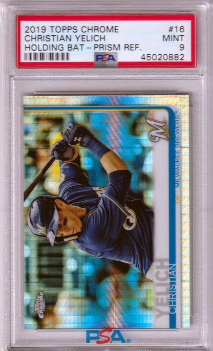 CHRISTIAN YELICH 2019 Topps Chrome #16 Holding Bat Prism Refractor PSA 9 MINT - Columbia Hobby - Sports Card Boxes - Toploaders - Card Savers