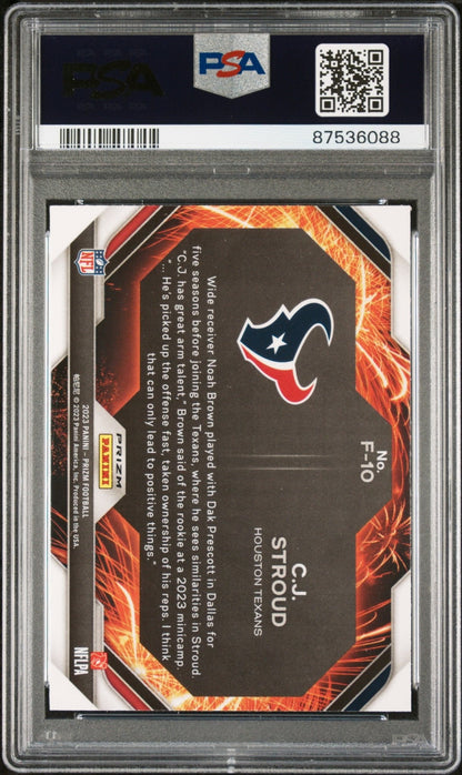 CJ STROUD 2023 Panini Prizm Fireworks Silver #F10 PSA 10 GEM MINT - TEXANS - Columbia Hobby - Sports Card Boxes - Toploaders - Card Savers