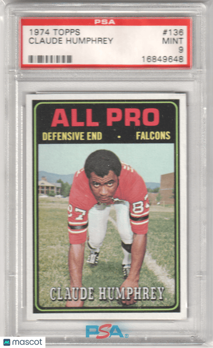 CLAUDE HUMPHREY 1974 Topps 136 PSA 9 MINT - FALCONS - Columbia Hobby - Sports Card Boxes - Toploaders - Card Savers