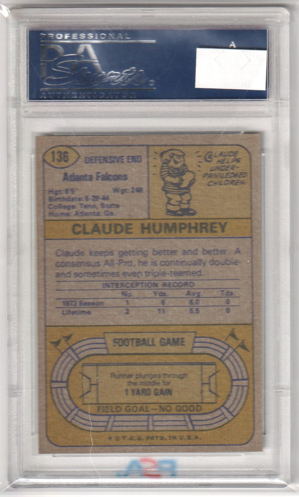 CLAUDE HUMPHREY 1974 Topps 136 PSA 9 MINT - FALCONS - Columbia Hobby - Sports Card Boxes - Toploaders - Card Savers