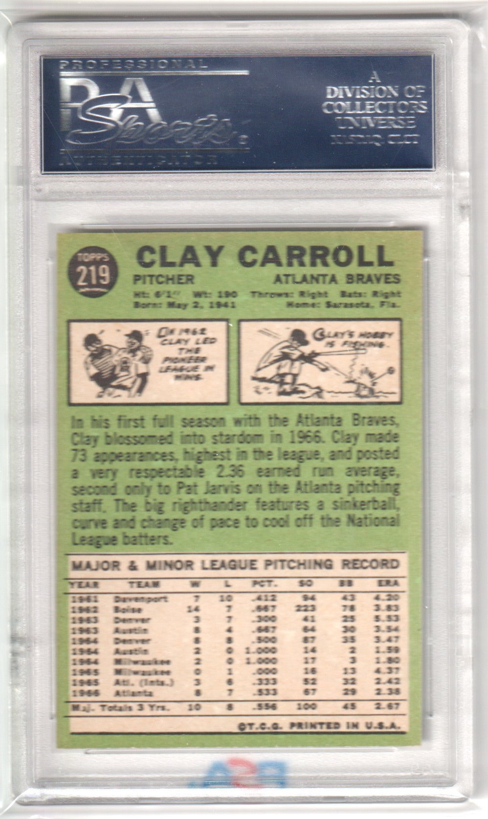 CLAY CARROLL 1967 Topps #219 PSA 8 NM - MT - BRAVES - Columbia Hobby - Sports Card Boxes - Toploaders - Card Savers