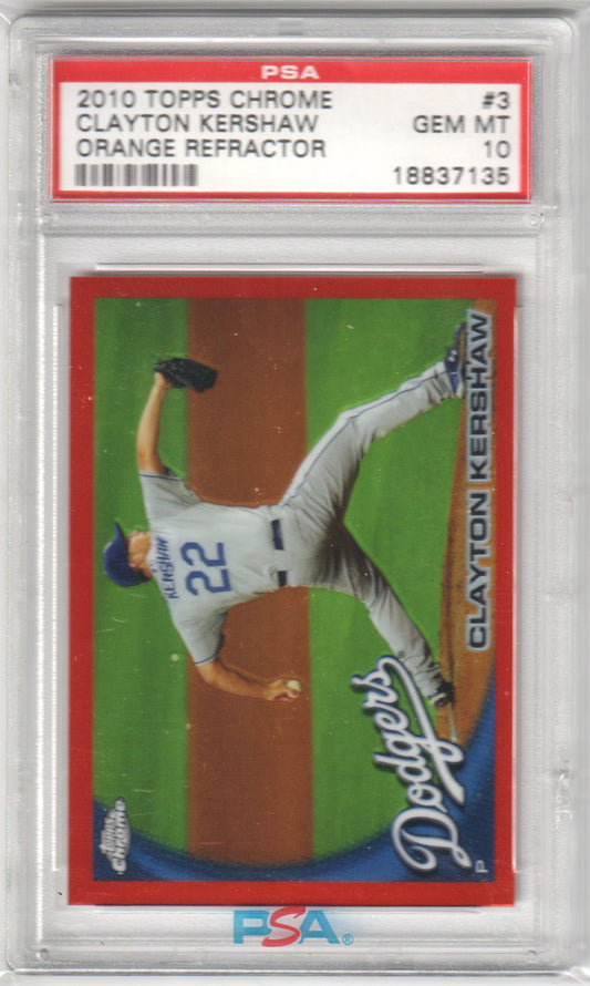 CLAYTON KERSHAW 2010 Topps Chrome #3 Orange Refractor PSA 10 GEM MINT Pop 2 - Columbia Hobby - Sports Card Boxes - Toploaders - Card Savers
