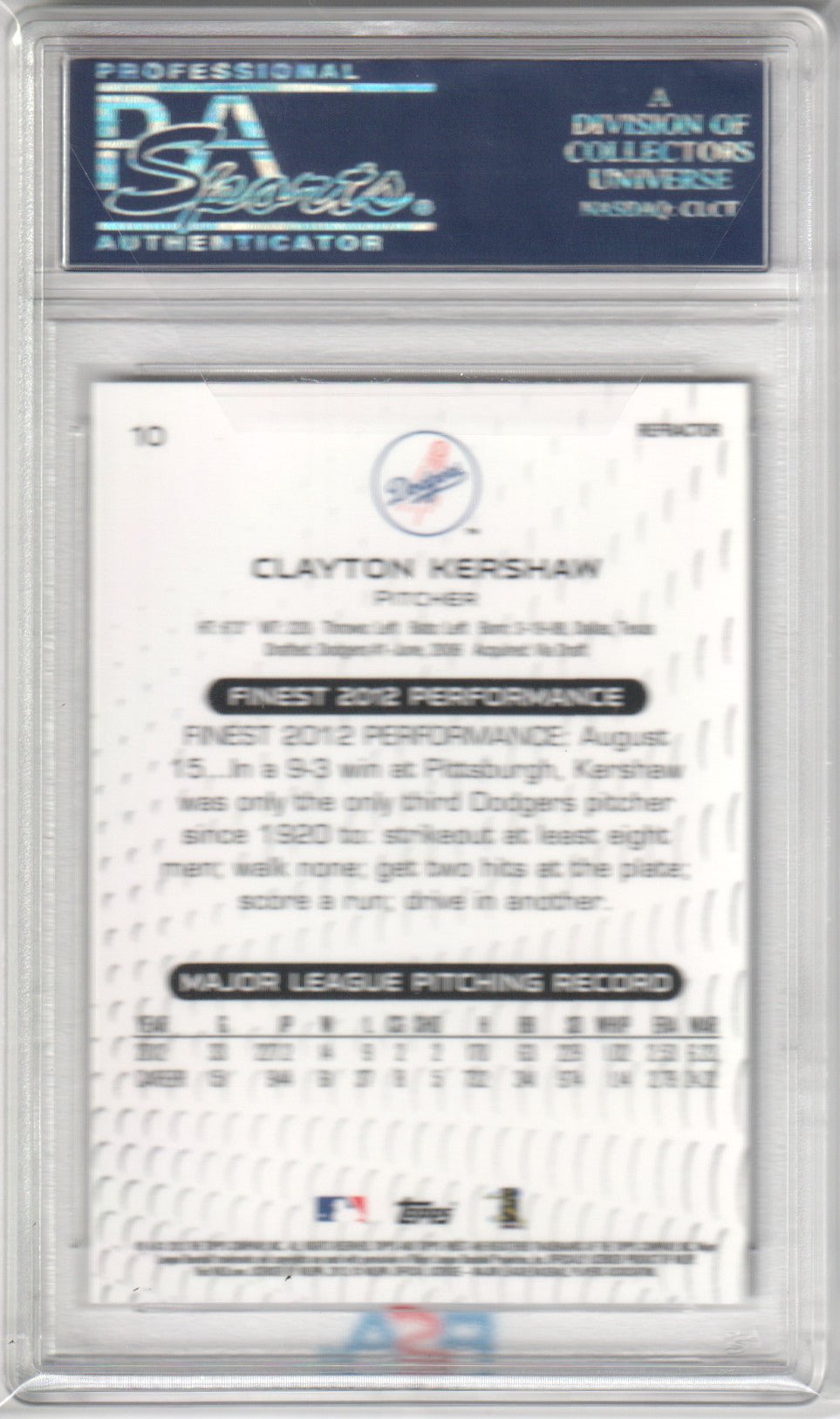 CLAYTON KERSHAW 2013 Finest #10 Xfractor PSA 10 GEM MINT - DODGERS - Columbia Hobby - Sports Card Boxes - Toploaders - Card Savers
