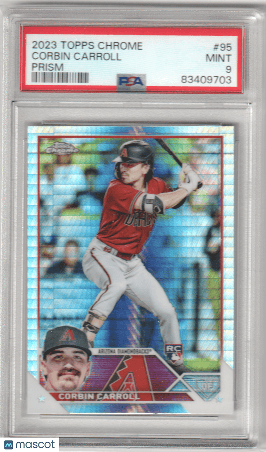 CORBIN CARROLL 2023 Topps Chrome RC Rookie 95 Prism Refractor PSA 9 Mint - Columbia Hobby - Sports Card Boxes - Toploaders - Card Savers