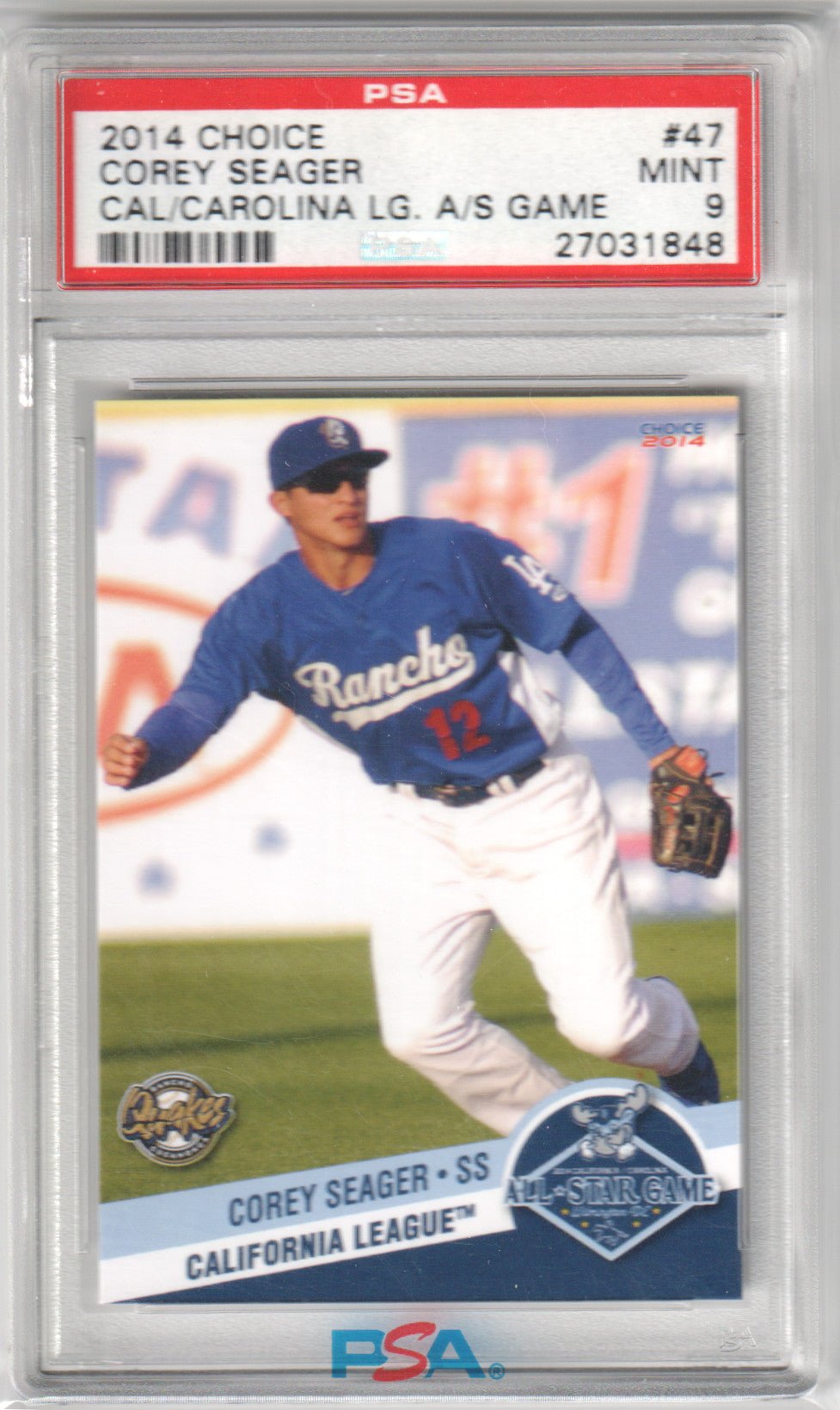 COREY SEAGER 2014 Choice Cal/Carolina League All - Star Game RC #47 PSA 9 MINT - Columbia Hobby - Sports Card Boxes - Toploaders - Card Savers
