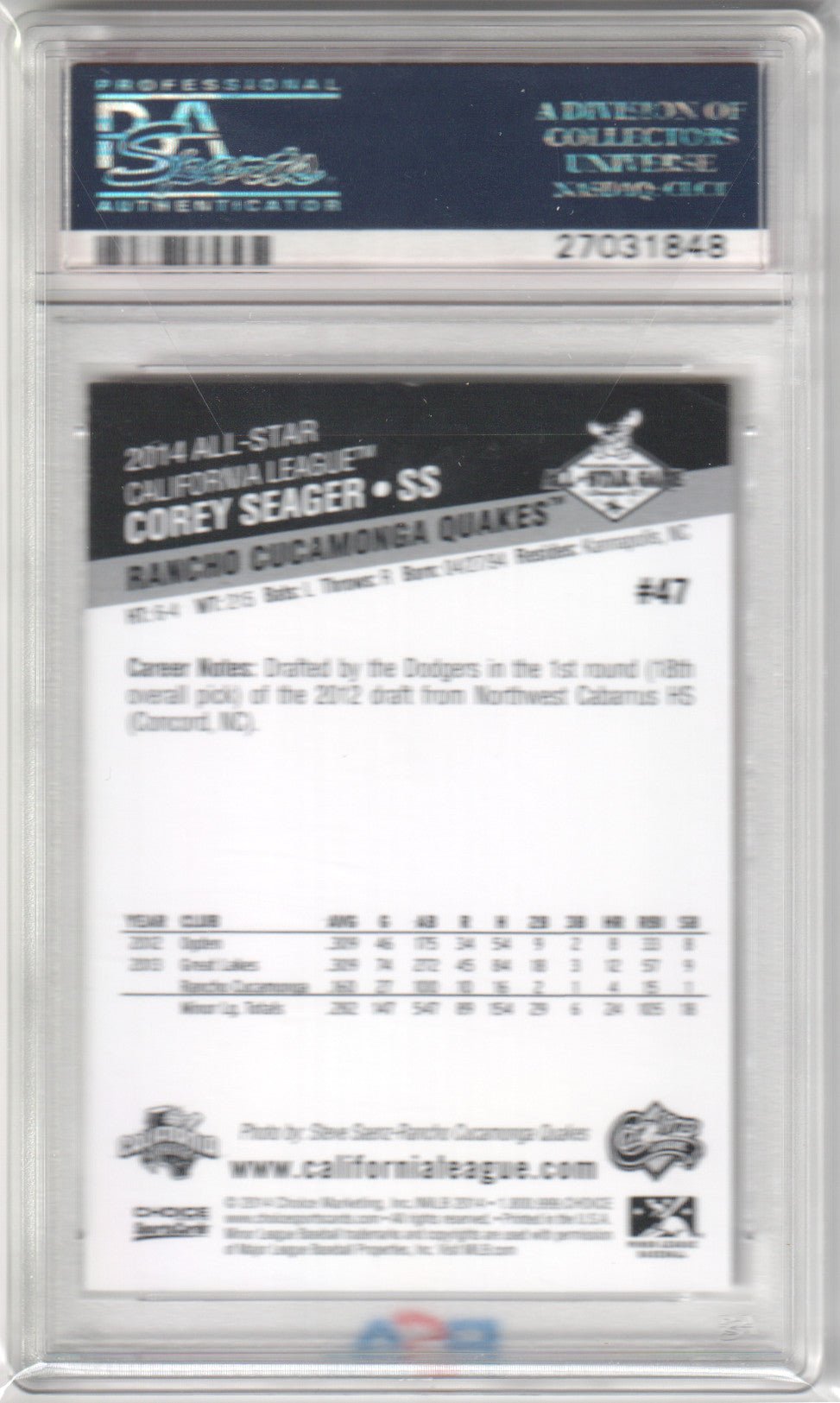 COREY SEAGER 2014 Choice Cal/Carolina League All - Star Game RC #47 PSA 9 MINT - Columbia Hobby - Sports Card Boxes - Toploaders - Card Savers
