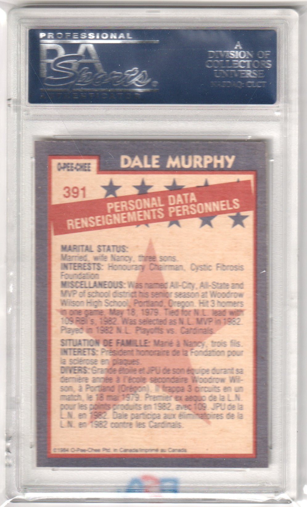 DALE MURPHY 1984 O - Pee - Chee #391 PSA 9 MINT - BRAVES - Columbia Hobby - Sports Card Boxes - Toploaders - Card Savers