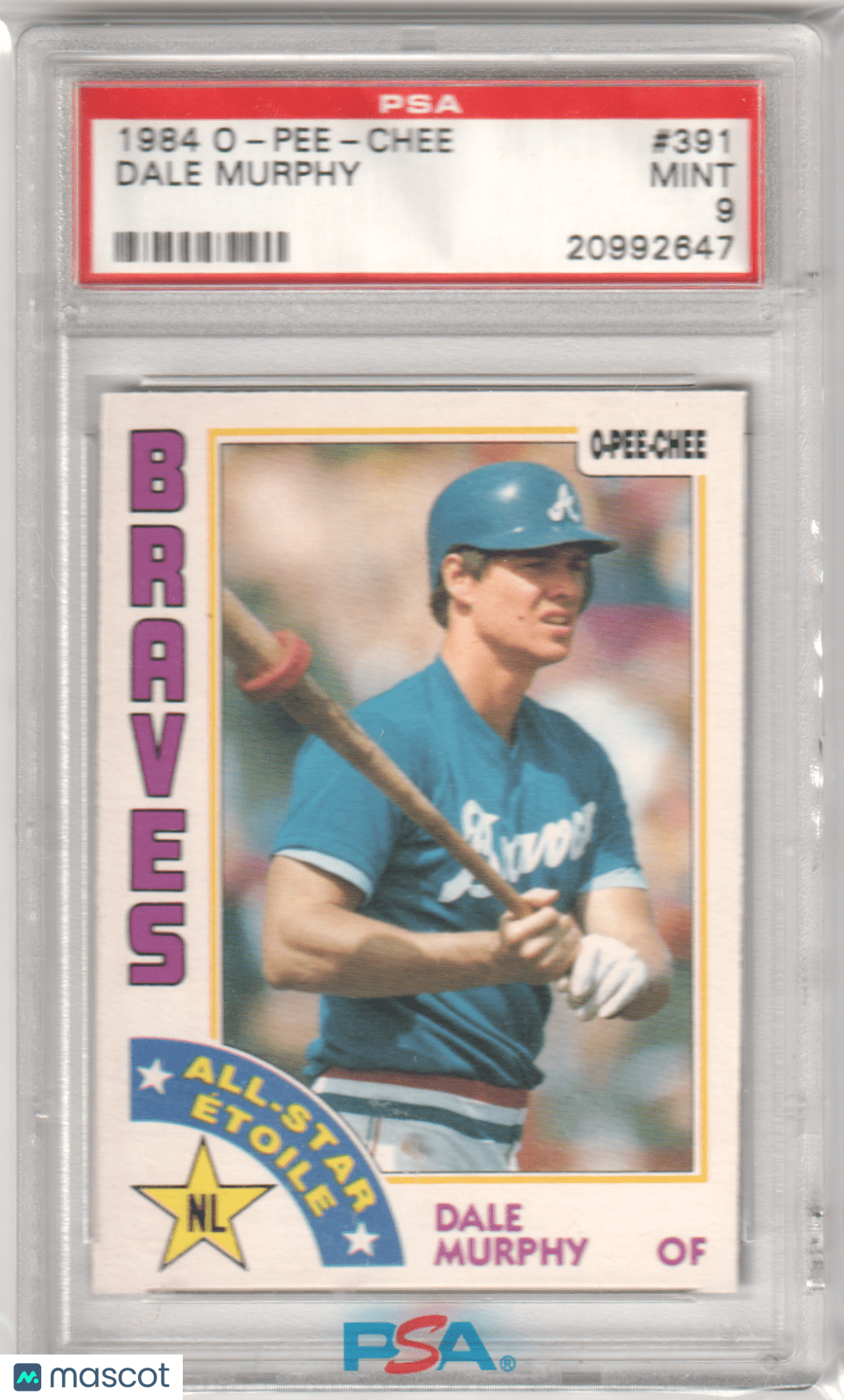 DALE MURPHY 1984 O - Pee - Chee #391 PSA 9 MINT - BRAVES - Columbia Hobby - Sports Card Boxes - Toploaders - Card Savers