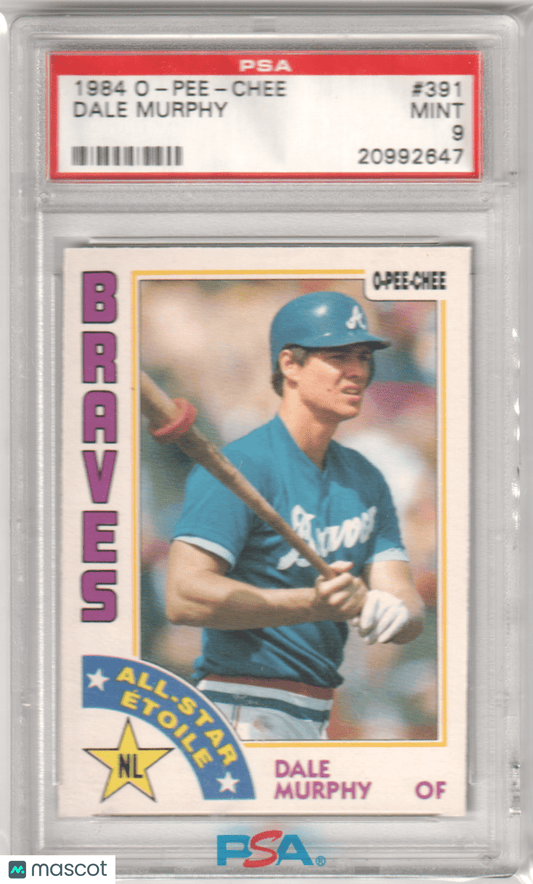 DALE MURPHY 1984 O - Pee - Chee #391 PSA 9 MINT - BRAVES - Columbia Hobby - Sports Card Boxes - Toploaders - Card Savers