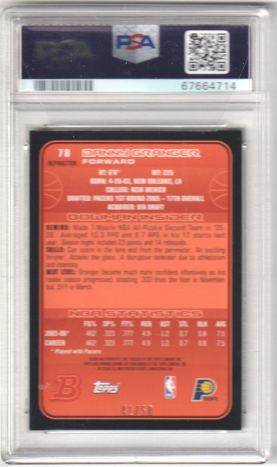 DANNY GRANGER 2006 Bowman Chrome #/50 Gold Refractor PSA 9 MINT - PACERS Pop 2 - Columbia Hobby - Sports Card Boxes - Toploaders - Card Savers