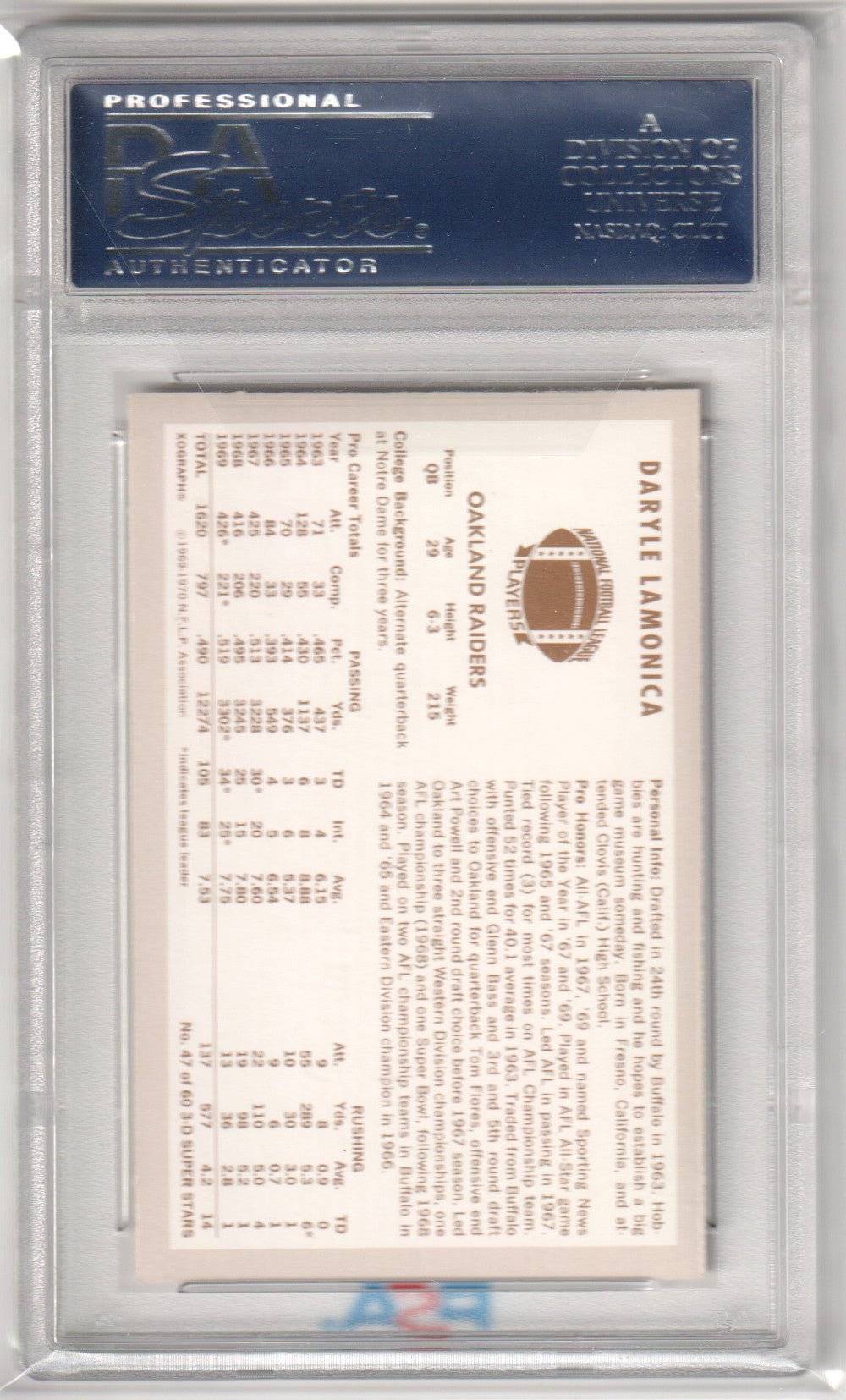 DARYLE LAMONICA 1970 Kellogg's 47 PSA 9 MINT - RAIDERS - Columbia Hobby - Sports Card Boxes - Toploaders - Card Savers