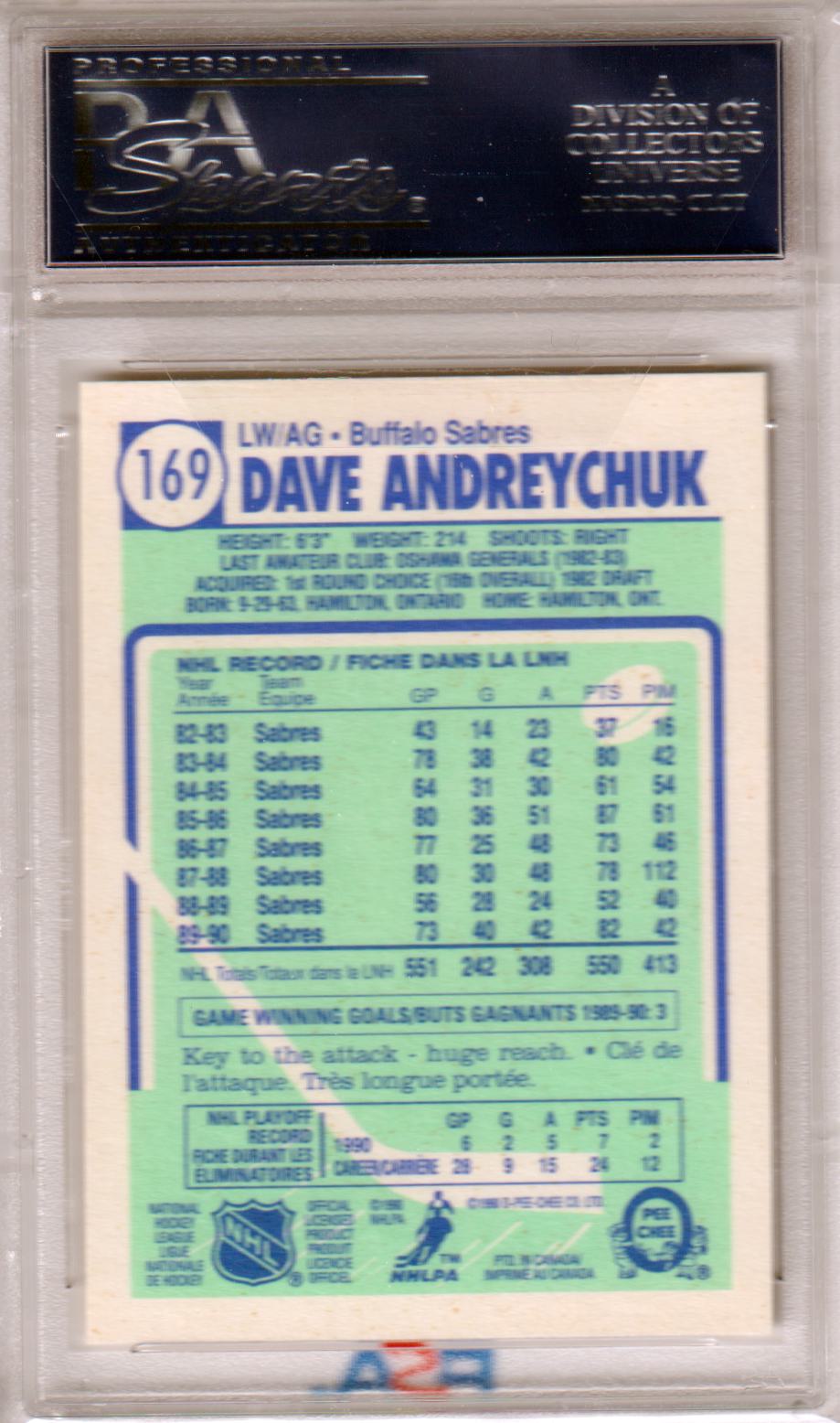 DAVE ANDREYCHUK 1990 - 1 O - Pee - Chee #169 PSA 10 GEM MINT - SABRES POP 4 - Columbia Hobby - Sports Card Boxes - Toploaders - Card Savers