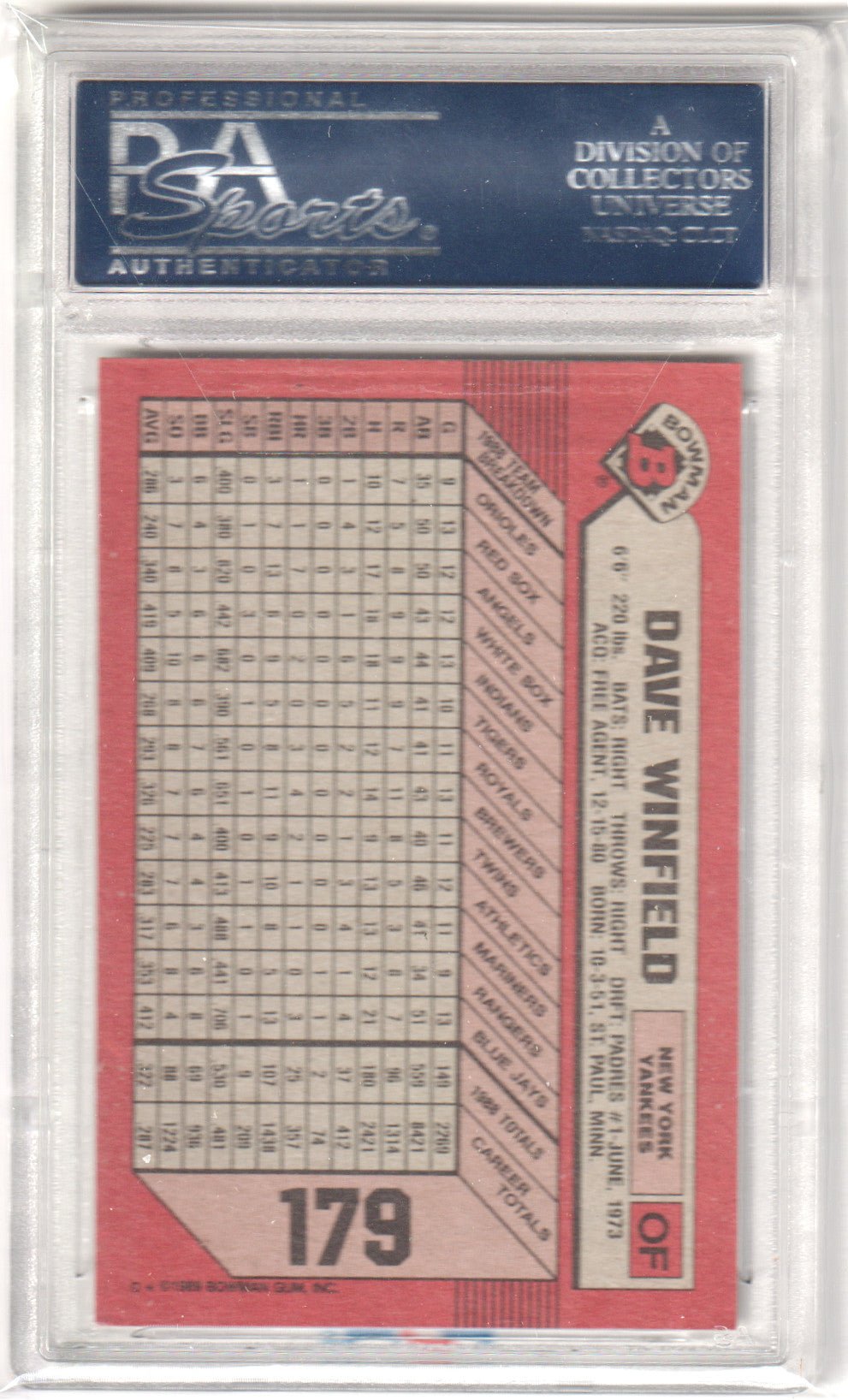 DAVE WINFIELD 1989 Bowman 179 PSA 8 NM - MT - YANKEES - Columbia Hobby - Sports Card Boxes - Toploaders - Card Savers