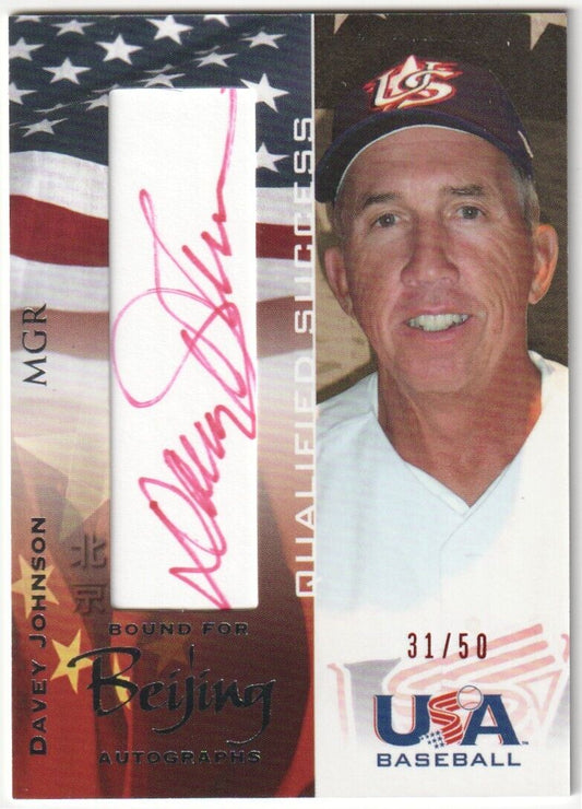 DAVEY JOHNSON 2007 USA Baseball Red Autograph Auto SP #/50 TEAM USA - Columbia Hobby - Sports Card Boxes - Toploaders - Card Savers