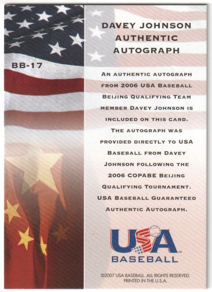 DAVEY JOHNSON 2007 USA Baseball Red Autograph Auto SP #/50 TEAM USA - Columbia Hobby - Sports Card Boxes - Toploaders - Card Savers