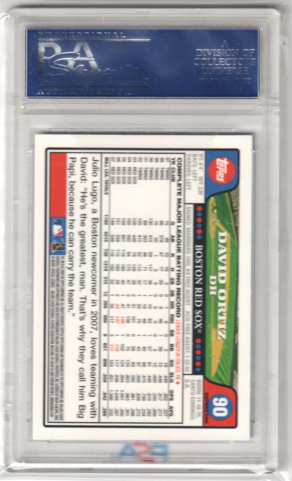 DAVID ORTIZ 2008 Topps Chrome Blue Refractor #90 PSA 10 GEM MINT - RED SOX - Columbia Hobby - Sports Card Boxes - Toploaders - Card Savers