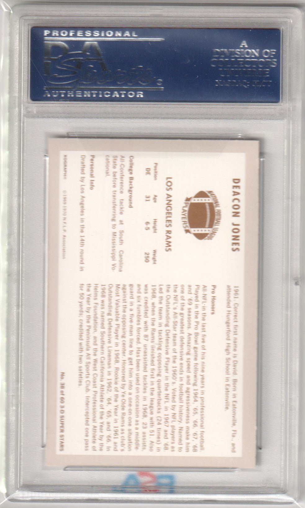 DEACON JONES 1970 Kellogg's 38 PSA 9 MINT - RAMS - Columbia Hobby - Sports Card Boxes - Toploaders - Card Savers