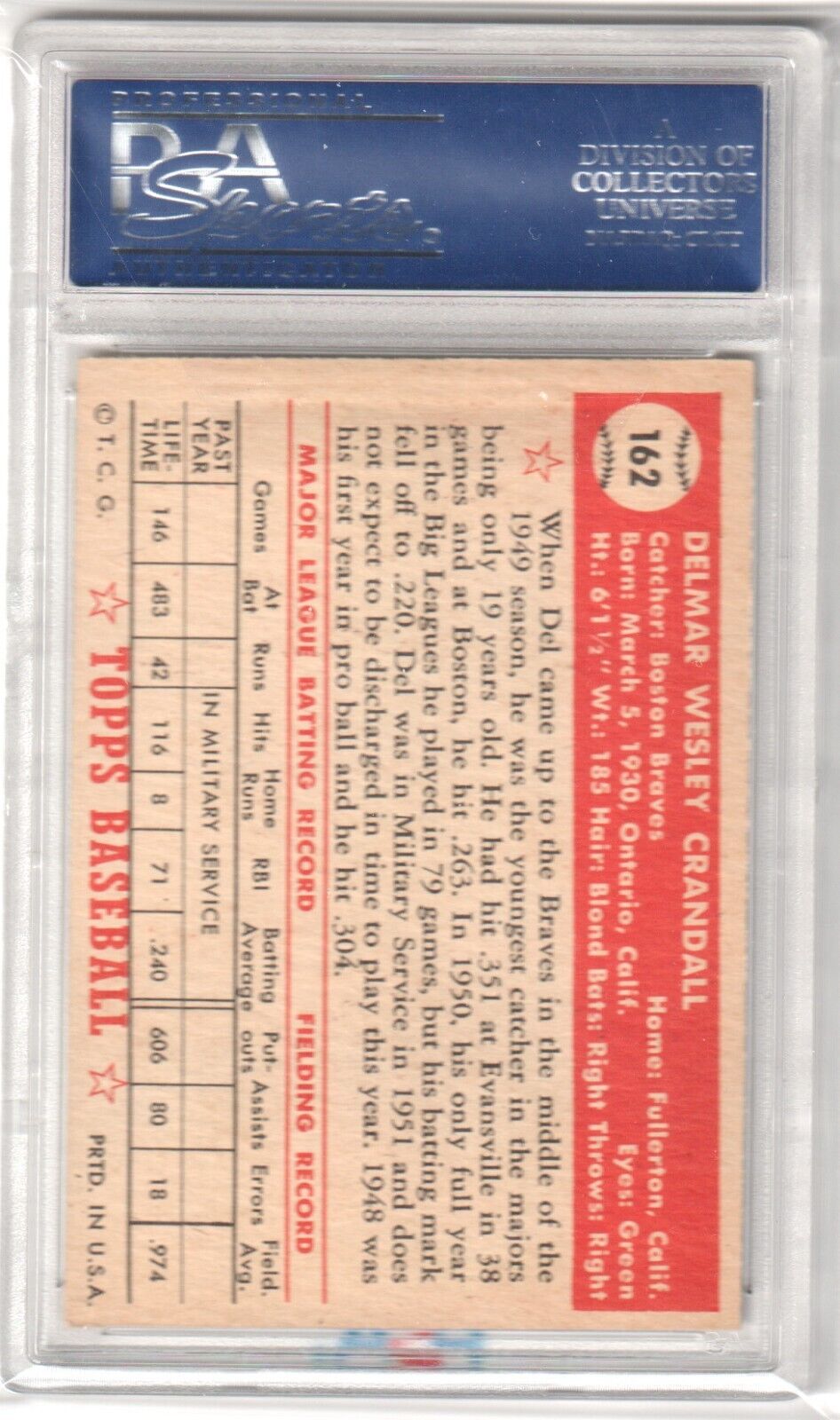 DEL CRANDALL 1952 Topps #162 PSA 5 EX - BRAVES - Columbia Hobby - Sports Card Boxes - Toploaders - Card Savers