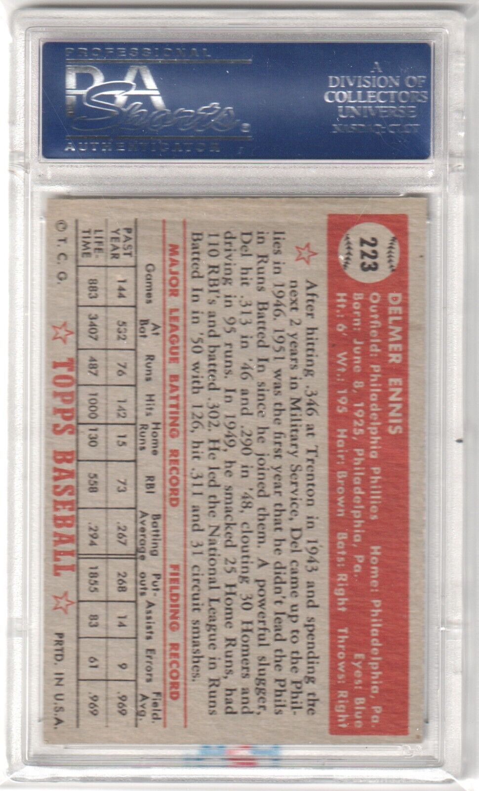 DEL ENNIS 1952 Topps #223 PSA 6 EX - MT - PHILLIES - Columbia Hobby - Sports Card Boxes - Toploaders - Card Savers