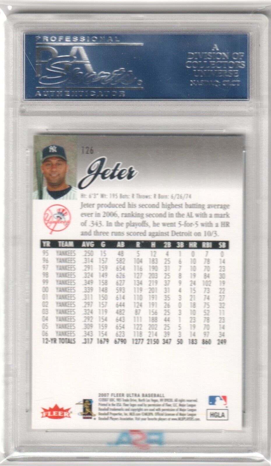 DEREK JETER 2007 Fleer Ultra #126 PSA 10 GEM MINT - YANKEES - Columbia Hobby - Sports Card Boxes - Toploaders - Card Savers