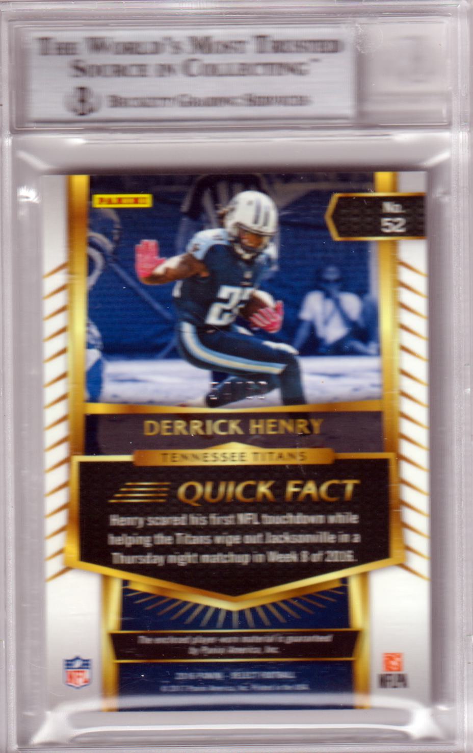 DERRICK HENRY 2016 Select RC Rookie Swatches Prizm Purple #52 BGS 9 Pop 1 - Columbia Hobby - Sports Card Boxes - Toploaders - Card Savers