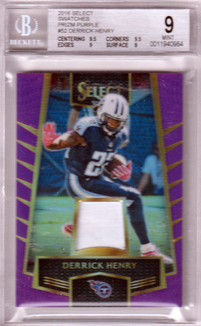 DERRICK HENRY 2016 Select RC Rookie Swatches Prizm Purple #52 BGS 9 Pop 1 - Columbia Hobby - Sports Card Boxes - Toploaders - Card Savers