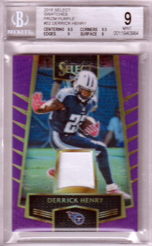 DERRICK HENRY 2016 Select RC Rookie Swatches Prizm Purple #52 BGS 9 Pop 1 - Columbia Hobby - Sports Card Boxes - Toploaders - Card Savers