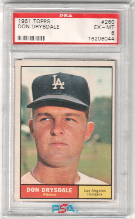 DON DRYSDALE 1961 Topps #260 PSA 6 EX - MT - DODGERS - Columbia Hobby - Sports Card Boxes - Toploaders - Card Savers